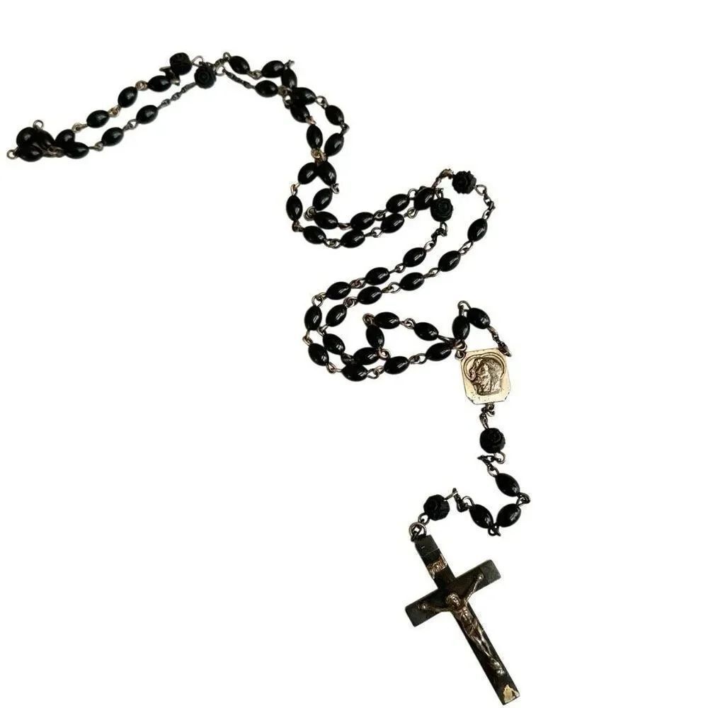 Vintage sterling silver  France ebony cross black beaded rosary